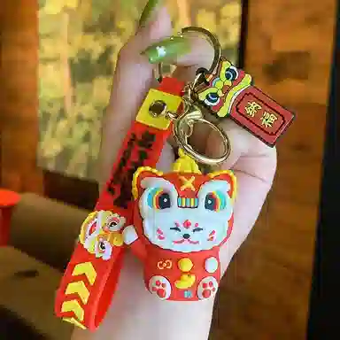 千桐 国潮醒狮招财猫 顺风顺水顺财神 卡通公仔 创意小书包 钥匙 可爱装饰 硅胶 挂件 男女同款情侣款