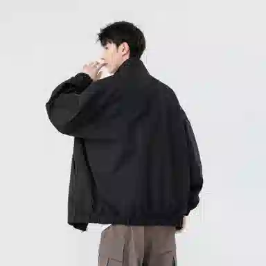 大卫贝肯 美式复古风简约基础款字母印花山系户外防风保暖潮流宽松飞行服纯色百搭工装夹克外套 男女同款 黑色