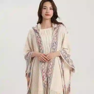 北极绒 时尚连帽民族风彩虹边流苏针织外搭春秋季出游必备 披肩 女款