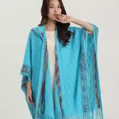 北极绒 时尚连帽民族风彩虹边流苏针织外搭春秋季出游必备 披肩 女款