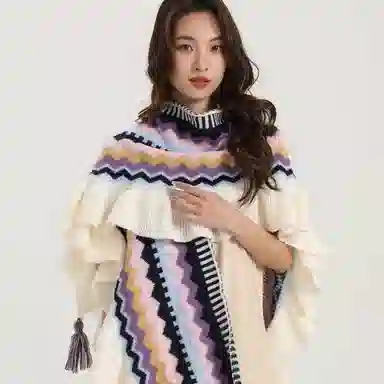 北极绒 春秋季针织民族风潮流复古时尚保暖出游开衫木耳边外套 披肩 女款