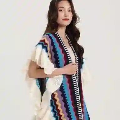 北极绒 春秋季针织民族风潮流复古时尚保暖出游开衫木耳边外套 披肩 女款