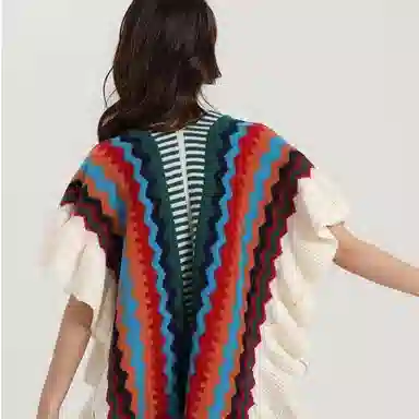 北极绒 春秋季针织民族风潮流复古时尚保暖出游开衫木耳边外套 披肩 女款