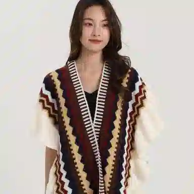 北极绒 春秋季针织民族风潮流复古时尚保暖出游开衫木耳边外套 披肩 女款