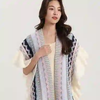 北极绒 春秋季针织民族风潮流复古时尚保暖出游开衫木耳边外套 披肩 女款