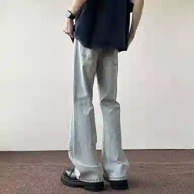八哥 高街美式水洗复古弯刀裤做旧纯色百搭款舒适柔软直筒宽松中腰微喇休闲裤 男女同款 泥黄色