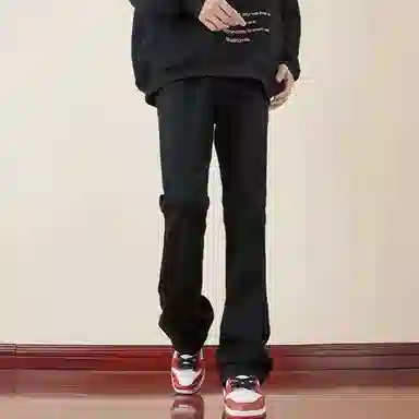 八哥 高街美式水洗复古弯刀裤做旧纯色百搭款舒适柔软直筒宽松中腰微喇休闲裤 男女同款 泥黄色