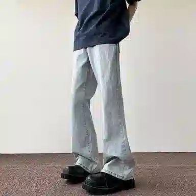 八哥 高街美式水洗复古弯刀裤做旧纯色百搭款舒适柔软直筒宽松中腰微喇休闲裤 男女同款 泥黄色