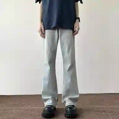 八哥 高街美式水洗复古弯刀裤做旧纯色百搭款舒适柔软直筒宽松中腰微喇休闲裤 男女同款 泥黄色