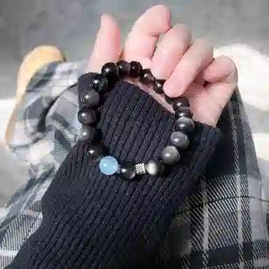 【时来运转】 指尖瑰宝 轻奢高级感魔鬼蓝海蓝宝串珠 净化磁场增强能量 黑曜石 手串 男女同款情侣款