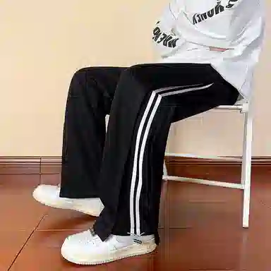 颂希尔 美式高街裁片拼接青少年条纹运动抽绳直筒休闲裤 男女同款