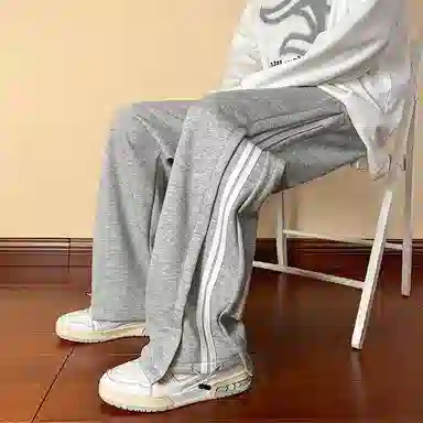 颂希尔 美式高街裁片拼接青少年条纹运动抽绳直筒休闲裤 男女同款