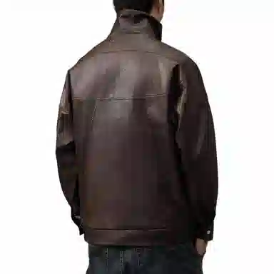 贵色 美式复古机车立领宽松纯色长袖皮衣 男款