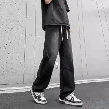 快鱼 美式高街风重磅无性别主义基础款重水洗做旧百搭户外通勤显高舒适中腰直筒休闲长裤牛仔裤 男女同款 黑色