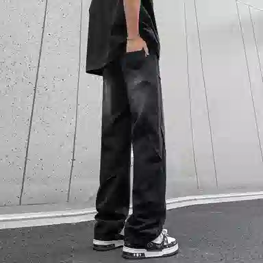 快鱼 美式高街风重磅无性别主义基础款重水洗做旧百搭户外通勤显高舒适中腰直筒休闲长裤牛仔裤 男女同款 黑色