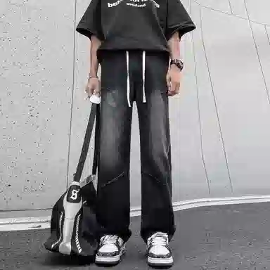 快鱼 美式高街风重磅无性别主义基础款重水洗做旧百搭户外通勤显高舒适中腰直筒休闲长裤牛仔裤 男女同款 黑色