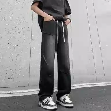 快鱼 美式高街风重磅无性别主义基础款重水洗做旧百搭户外通勤显高舒适中腰直筒休闲长裤牛仔裤 男女同款 黑色