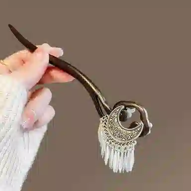 贯古今 古风月牙流苏盘发 木制 发簪 女款