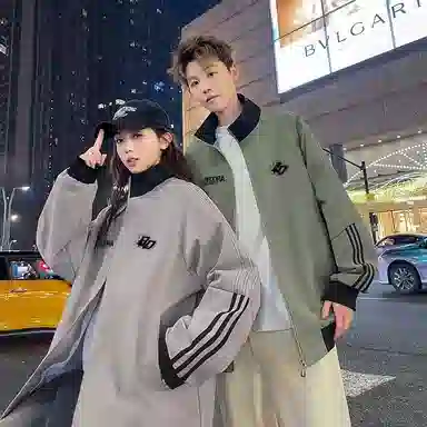 红蜻蜓 美式复古潮牌条纹设计翻领宽松长袖夹克外套 男女同款
