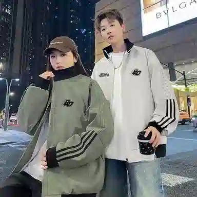 红蜻蜓 美式复古潮牌条纹设计翻领宽松长袖夹克外套 男女同款