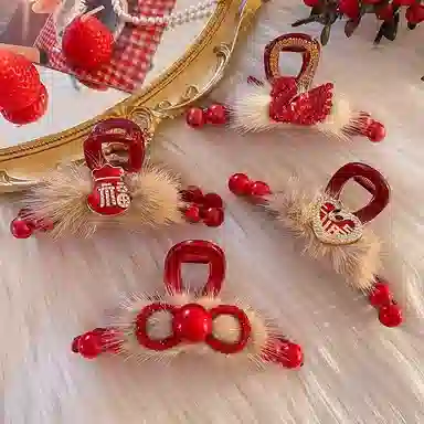 丹琴 本命年红色毛绒蝴蝶结抓夹高级感后脑勺盘发鲨鱼夹头饰 亚克力 发夹 女款