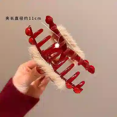 丹琴 本命年红色毛绒蝴蝶结抓夹高级感后脑勺盘发鲨鱼夹头饰 亚克力 发夹 女款