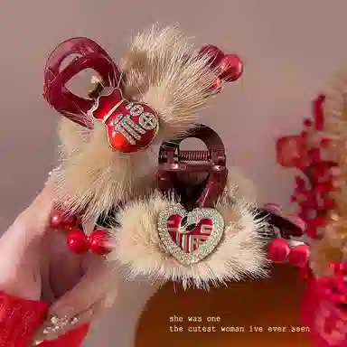 丹琴 本命年红色毛绒蝴蝶结抓夹高级感后脑勺盘发鲨鱼夹头饰 亚克力 发夹 女款