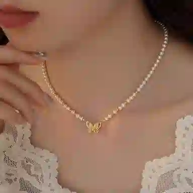 琅风 时尚气质优雅百搭磁吸款设计感蝴蝶小米珠锁骨 仿珍珠 项链 女款