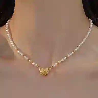 琅风 时尚气质优雅百搭磁吸款设计感蝴蝶小米珠锁骨 仿珍珠 项链 女款