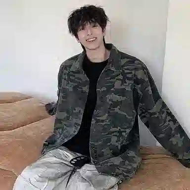 大卫贝肯 美式复古迷彩工装落肩袖翻领宽松牛仔外套 男女同款