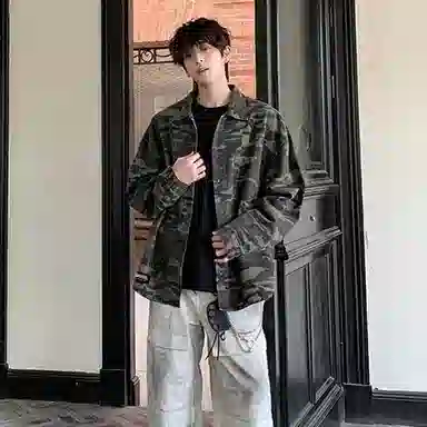 大卫贝肯 美式复古迷彩工装落肩袖翻领宽松牛仔外套 男女同款