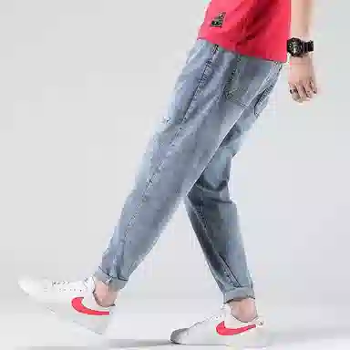 【dme】 水洗破洞褶皱微弹力修身高街纯色中腰直筒牛仔裤 男女同款 蓝色