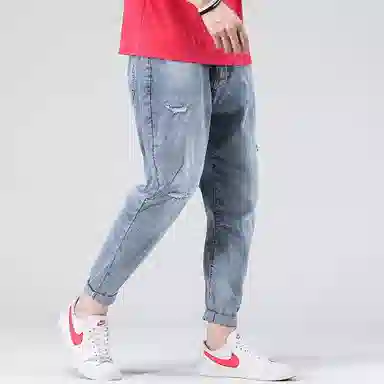 【dme】 水洗破洞褶皱微弹力修身高街纯色中腰直筒牛仔裤 男女同款 蓝色