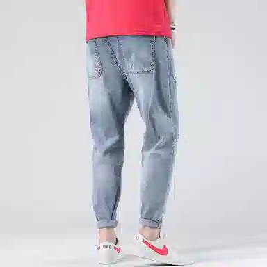 【dme】 水洗破洞褶皱微弹力修身高街纯色中腰直筒牛仔裤 男女同款 蓝色