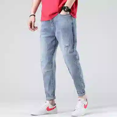 【dme】 水洗破洞褶皱微弹力修身高街纯色中腰直筒牛仔裤 男女同款 蓝色