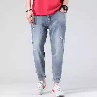 【dme】 水洗破洞褶皱微弹力修身高街纯色中腰直筒牛仔裤 男女同款 蓝色