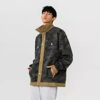 大卫贝肯 美式高街潮牌重水洗做旧迷彩假两件复古字母印花翻领宽松休闲长袖牛仔外套 男女同款