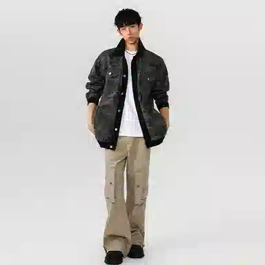 大卫贝肯 美式高街潮牌重水洗做旧迷彩假两件复古字母印花翻领宽松休闲长袖牛仔外套 男女同款