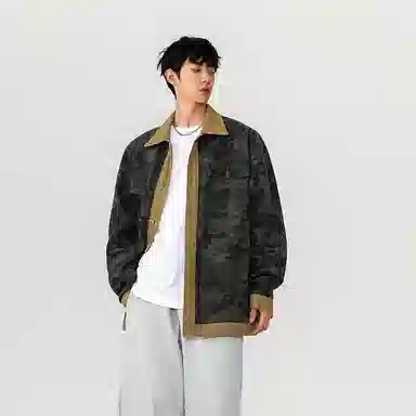 大卫贝肯 美式高街潮牌重水洗做旧迷彩假两件复古字母印花翻领宽松休闲长袖牛仔外套 男女同款