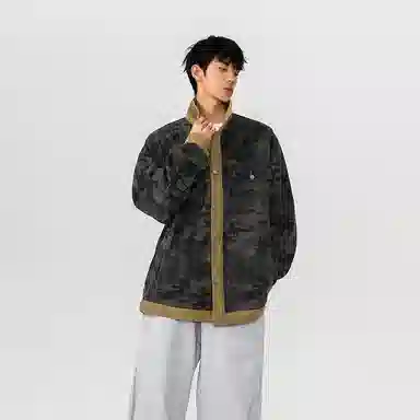 大卫贝肯 美式高街潮牌重水洗做旧迷彩假两件复古字母印花翻领宽松休闲长袖牛仔外套 男女同款