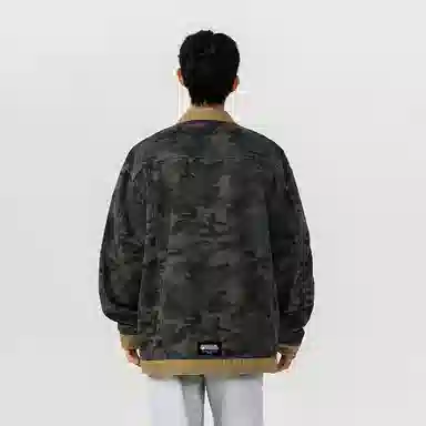 大卫贝肯 美式高街潮牌重水洗做旧迷彩假两件复古字母印花翻领宽松休闲长袖牛仔外套 男女同款