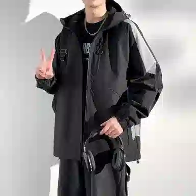 美力城 学院风美式嘻哈街头拼接撞色基础款休闲日常百搭通勤连帽夹克外套 男女同款