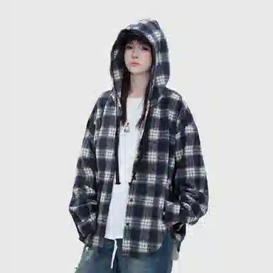 王者荣耀 鲁班七号星空梦想款 美式格子连帽衬衫春秋宽松慵懒风痞帅刺绣标高级感情侣抽身毛呢外套小香风宽松休闲舒适夹克 男女同款