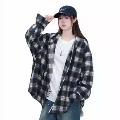 王者荣耀 鲁班七号星空梦想款 美式格子连帽衬衫春秋宽松慵懒风痞帅刺绣标高级感情侣抽身毛呢外套小香风宽松休闲舒适夹克 男女同款