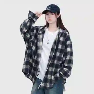王者荣耀 鲁班七号星空梦想款 美式格子连帽衬衫春秋宽松慵懒风痞帅刺绣标高级感情侣抽身毛呢外套小香风宽松休闲舒适夹克 男女同款