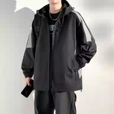 美力城 学院风美式嘻哈街头拼接撞色基础款休闲日常百搭通勤连帽夹克外套 男女同款