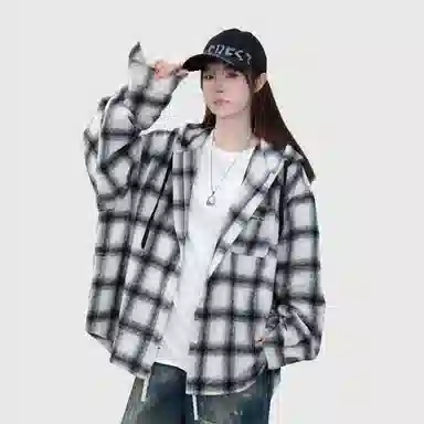 王者荣耀 鲁班七号星空梦想款 美式格子连帽衬衫春秋宽松慵懒风痞帅刺绣标高级感情侣抽身毛呢外套小香风宽松休闲舒适夹克 男女同款