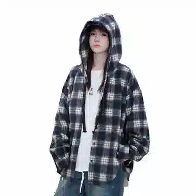 王者荣耀 鲁班七号星空梦想款 美式格子连帽衬衫春秋宽松慵懒风痞帅刺绣标高级感情侣抽身毛呢外套小香风宽松休闲舒适夹克 男女同款
