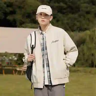 快鱼 美式复古简约个性花体字母印花设计感青少年纯色基础款宽松休闲时尚百搭飞行教练长袖外套夹克 男女同款