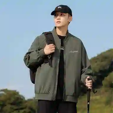 快鱼 美式复古简约个性花体字母印花设计感青少年纯色基础款宽松休闲时尚百搭飞行教练长袖外套夹克 男女同款